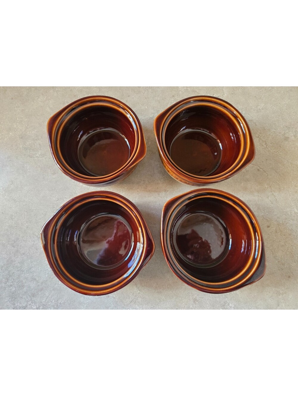 Porcelain Ceramic Onion Soup Crock Bowls, Small 10 Oz, Set of 4, Brown and Beige